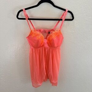 Savage X Fenty Womens M Coral Pink Floral Embroidered Mesh Babydoll Chemise